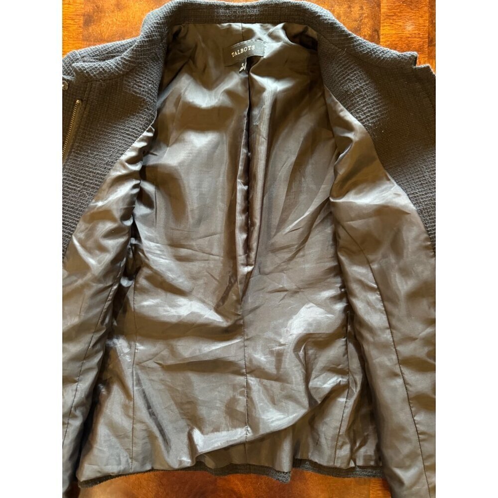 Talbots Coat Women 12 Black Tweed Cotton Peter Pan Collar Full Zip Jacket Career - Picture 9 of 9